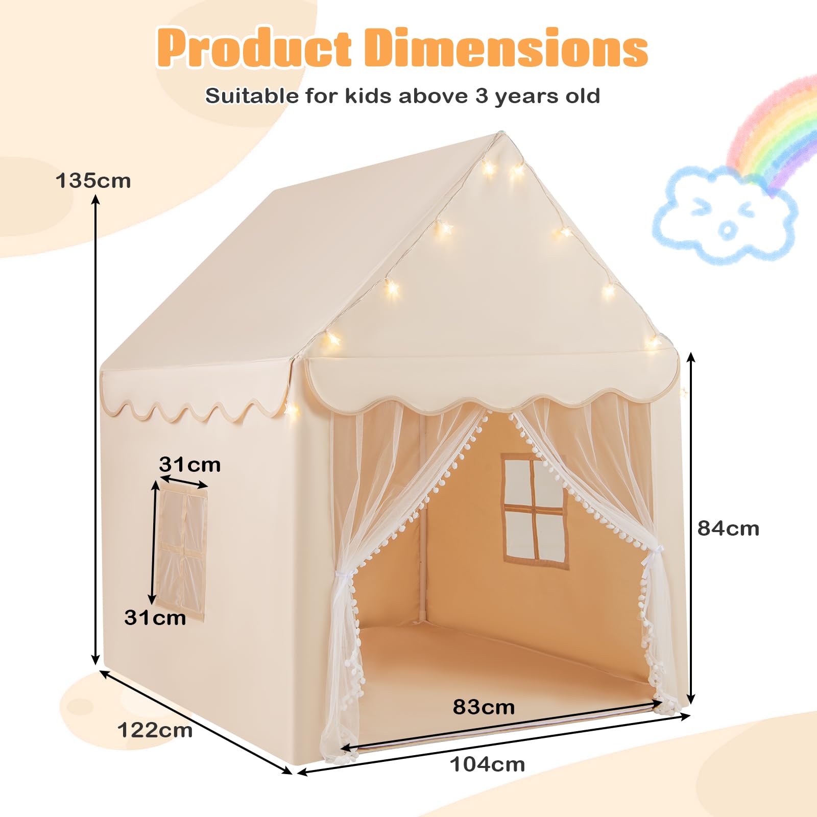 FANTASK Kinderzelt mit Fenstern & Matte, Spielzelt Kinder mit Sternenlichter & doppeltem Vorhang, Kinder Spielhaus für Jungen und Märchen