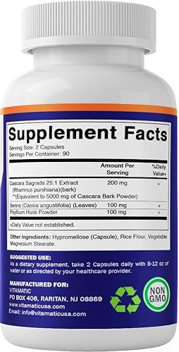 Miniatura 8 de Vitamatic Cascara Sagrada hecha con senna y cáscara de psyllium - 180 cápsulas vegetales - Concentrada 25X potencia - Todo natural - Sin OMG