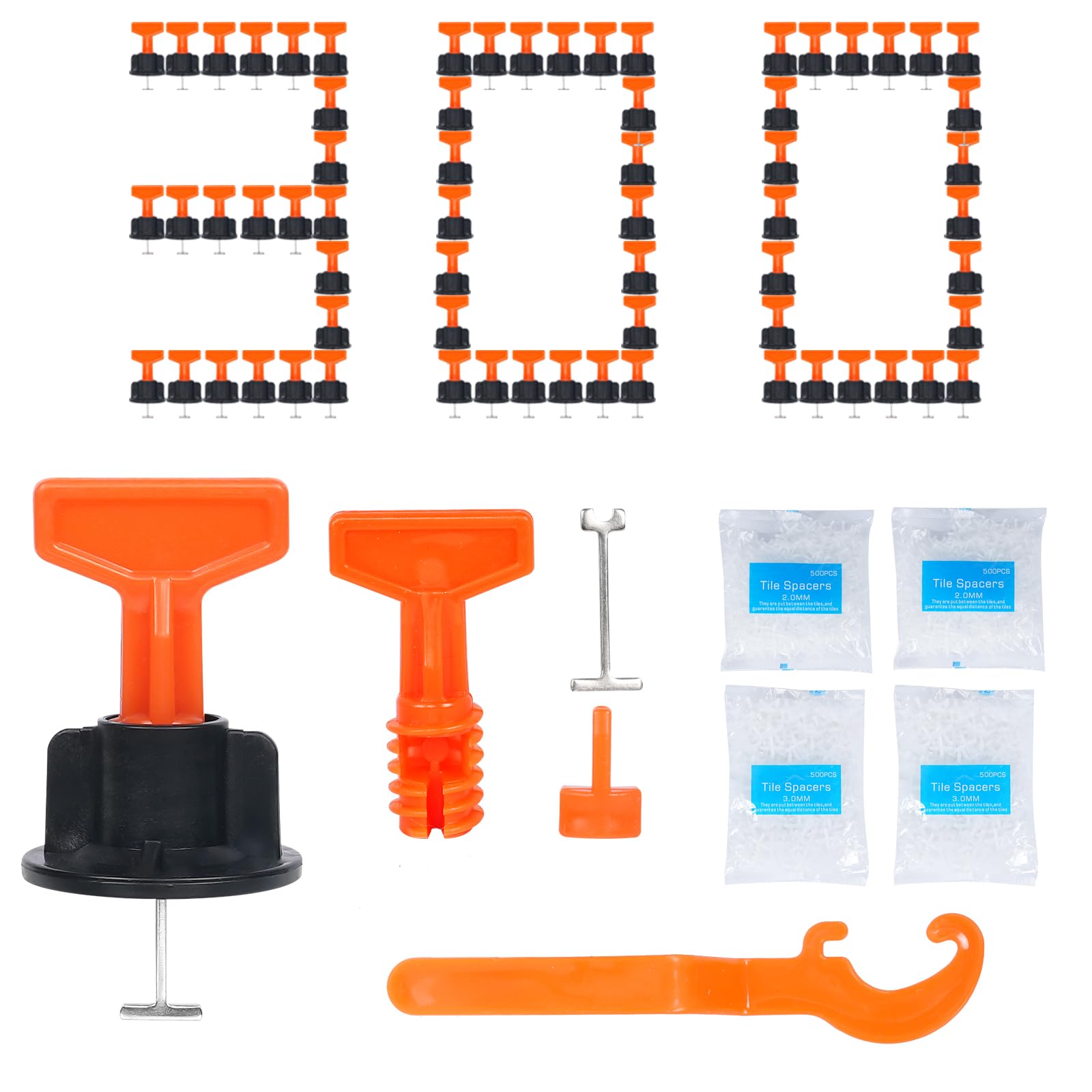 300pcs Tile Leveler Spacers 1000PCS 2mm and1000PCS 3mm Tile Spacer, Reusable Tile Leveling System Kit with 6pcs Special Wrench and 40pcs Steel Pins for Wall/Floor Tile Installation (300pcs (Red)