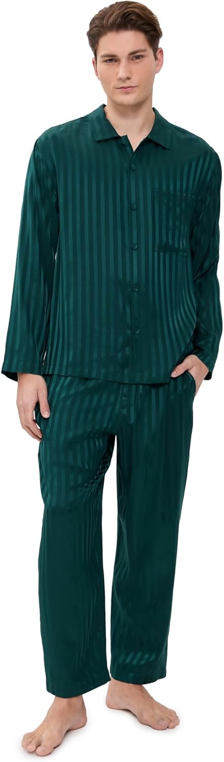 Lunya Men's Men'S Washable Silk Striped Jacquard Button Up Set