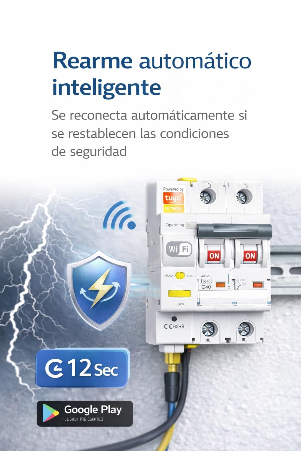 RASMACOR Interruptor Magnetotérmico Reajustable WIFI 2P 16A Curva C 6kA Compatible App Tuya Smart Domótica