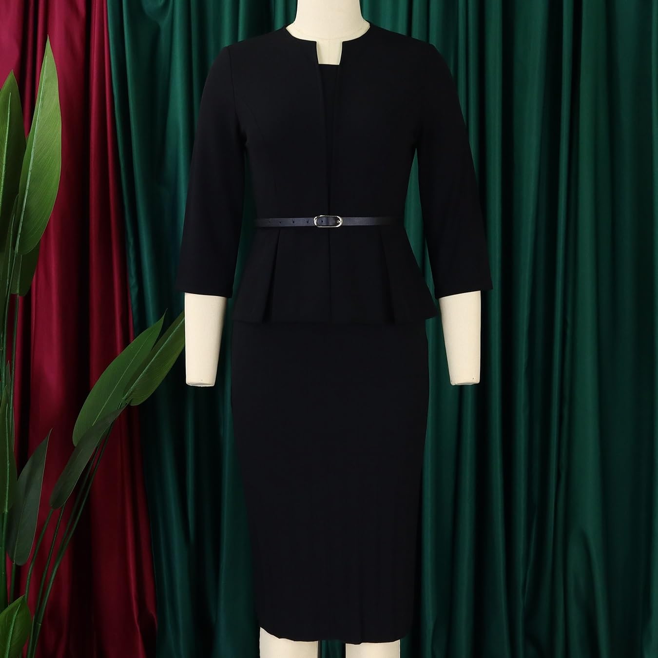 Abito A Tubino Vintage Da Donna Con Peplo E Vita A Balze, Da Ufficio Abito Midi Aderente Con Scollo Rotondo, Maniche A 3/4 E Cintura