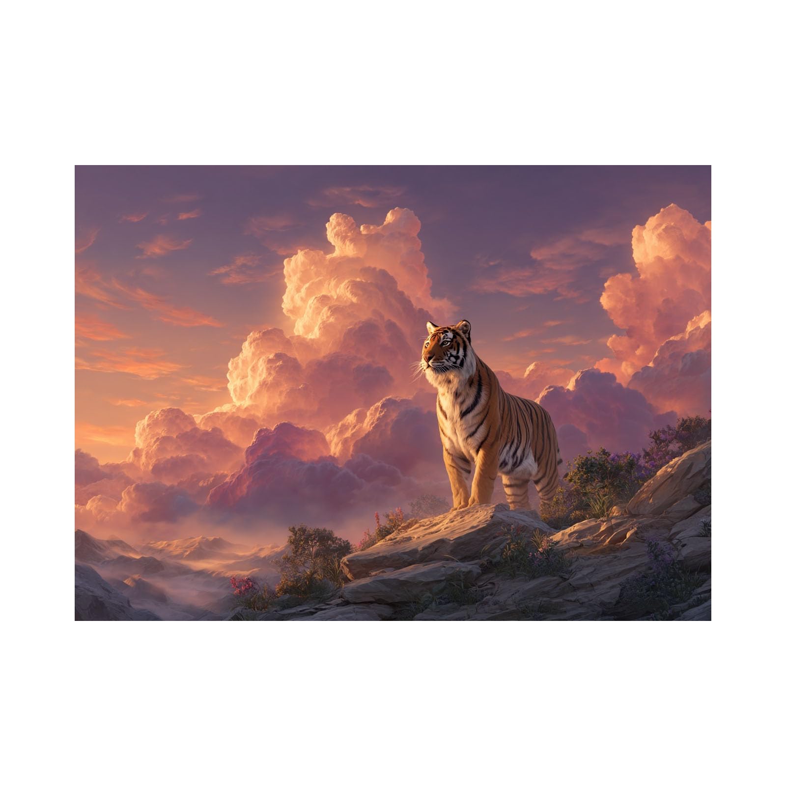 TERUEA Animal Canvas Wall Art: Creature Abstract Tiger On Cliff Giant Pink Cloud Sunset Mountain Landscape Home Decoration Artwork,Prints for Special Occasions(Pink)-80x120cm Unframed