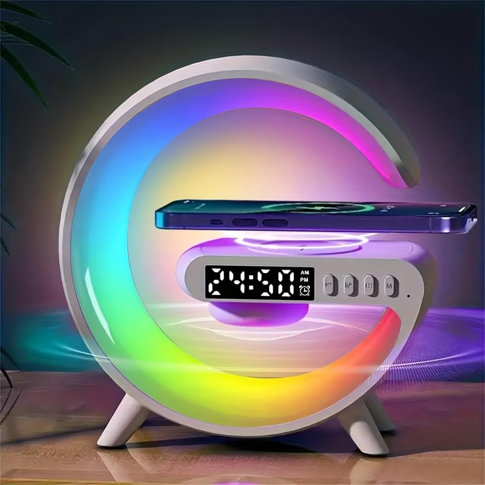 O Ozone Wireless Charger Atmosphere Lamp | G Shape Light Up Wireless Speaker|Portable LED Bluetooth Speaker Night Light Touch Lamp Alarm Clock with Music Sync, App Control for Bedroom Home Decor-White