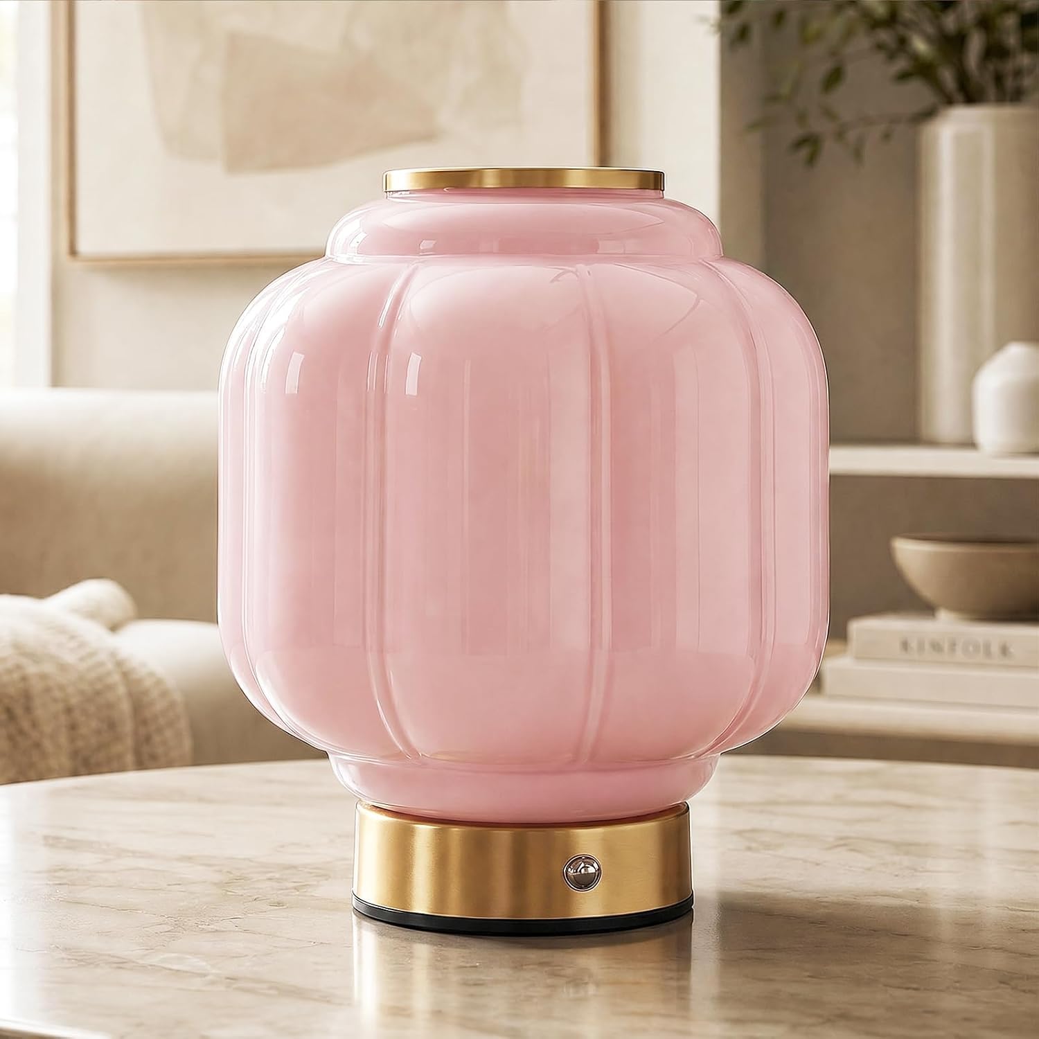 OOWOKS Vintage Glass Table Lamp Cordless Bedside Lamp Rechargeable LED Lamp Touch-Dimmable for Bedrooms and Bedside Tables Small Rechargeable Table Lamp in Mid-Century Style for Living Rooms,Pink