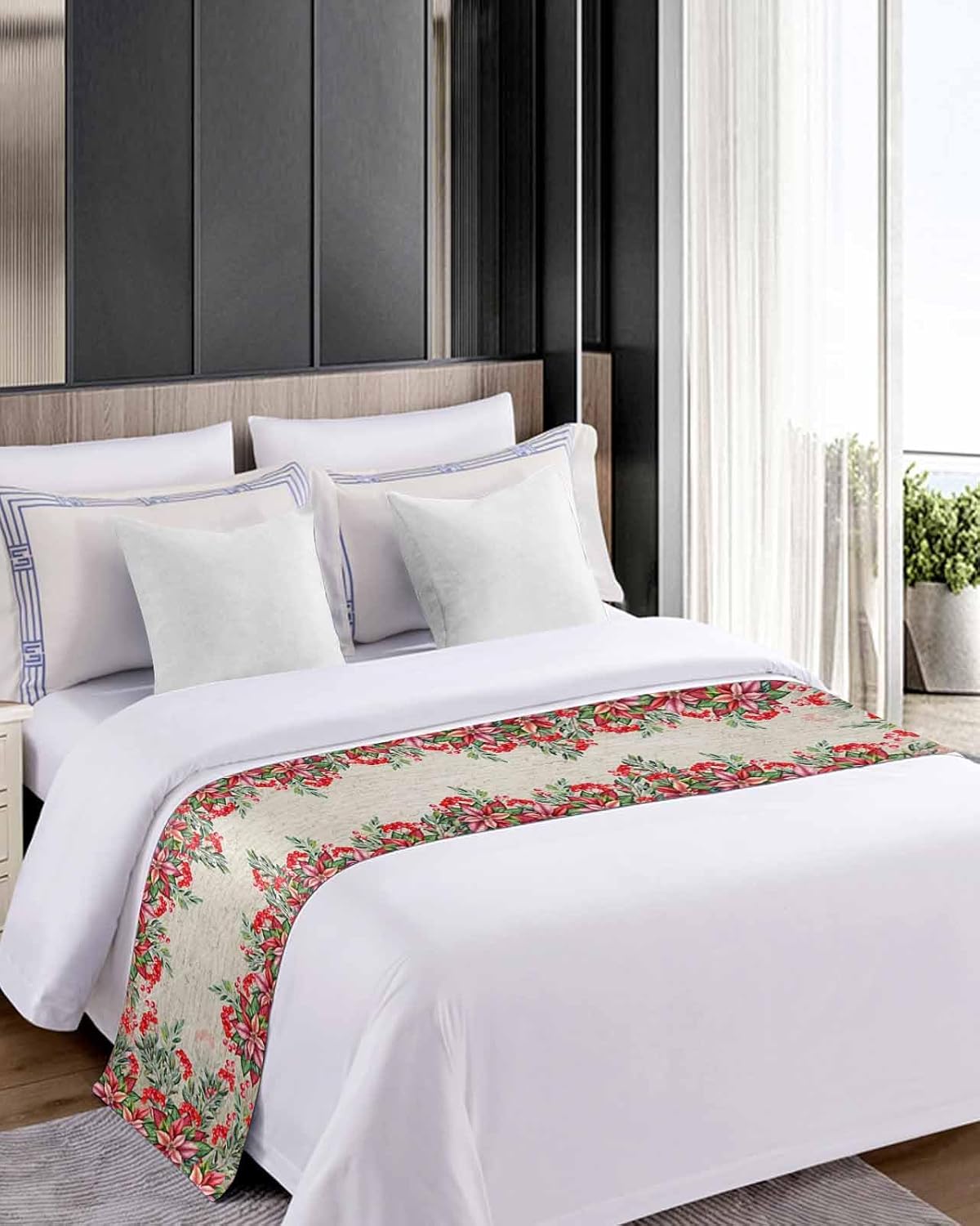 Red Christmas Bed Runner Scarf Full Queen Size, Poinsettia Berry Xmas Botanical Vintage Luxury Bed Throw Runners & Scarves for Twin Full Queen King Foot of Bed, Bedroom Hotel Decoration, 83"x20"