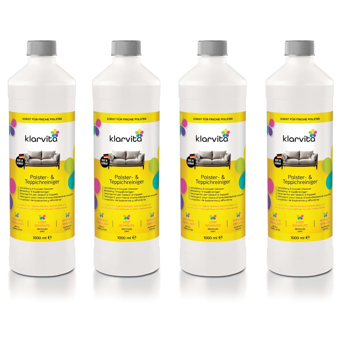 Polster- & Teppichreiniger 4x 1000ml - KONZENTRAT - Für Sofa, Teppich, Matratzen & Autositze - Tiefenreiniger gegen Flecken, Schmutz & Gerüche - Für Waschsauger & Nasssauger