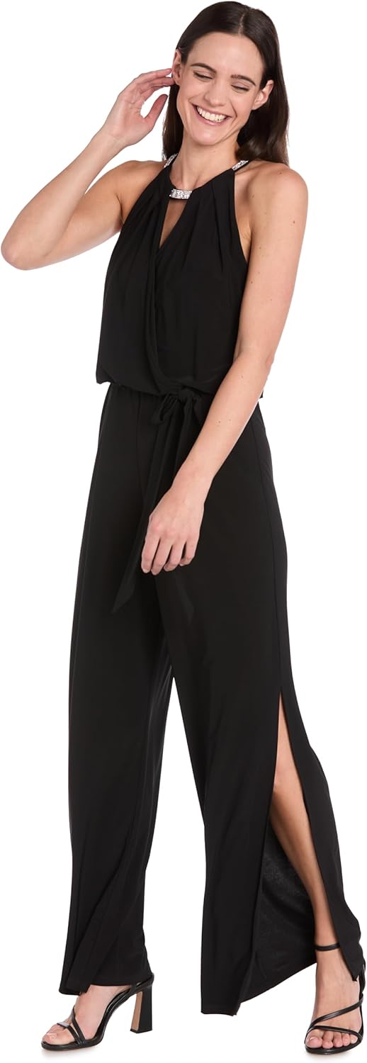 R&M Richards Elegant Rhinestone Halter Neck Blouson Wrap Jumpsuit W/Side Slit & Self Tie Belt