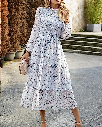 Image of NOLLSOM Women 2026 Spring Dress Floral Boho Dress Casual Long Sleeve Crew Neck Ruffle A-Line Flowy Wedding Guest Maxi Dresses