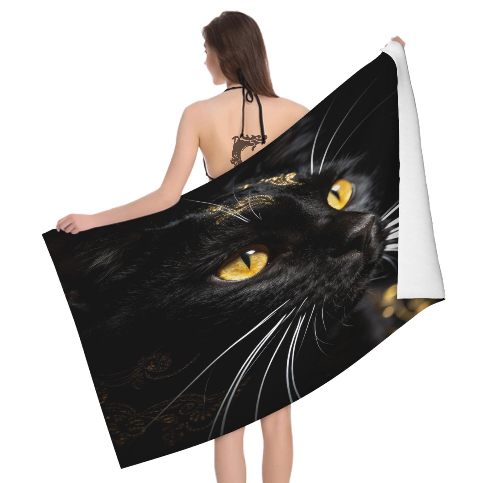 Leichong 3D Black Cat Beach Towel Microfiber Soft Quick Dry for Adults, Mysterious Style Bath Towel Lightweight Soft Absorbent for Travel Swimming Pool Sports, 75 x 150 cm