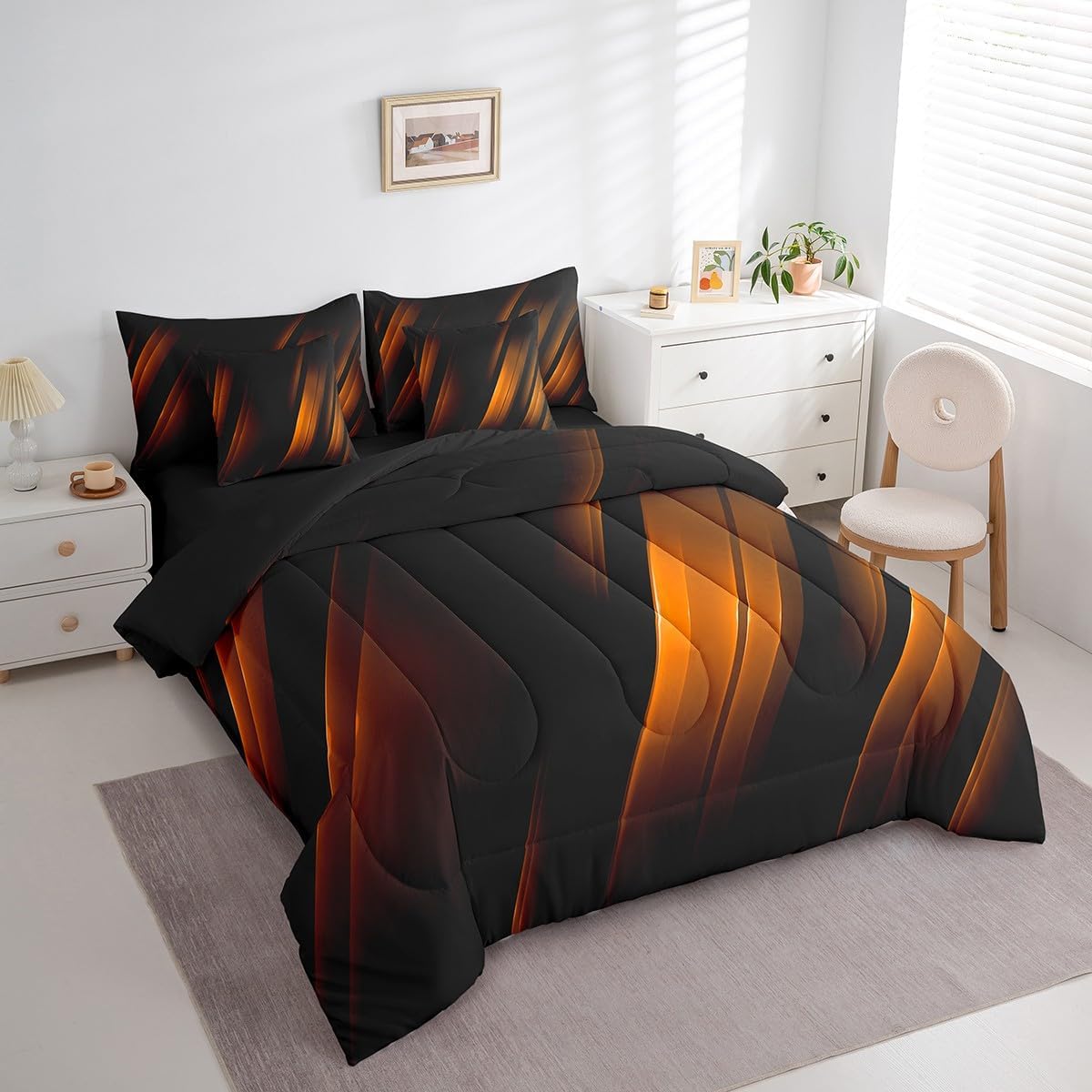 jejeloiu Orange and Black Comforter Set with Sheets 7 Piece Abstract Lines Bedding Set Queen Size Geometric Bed in a Bag Abstract Bed Set with Comforter, Sheets, Pillowcases & Cushion Covers