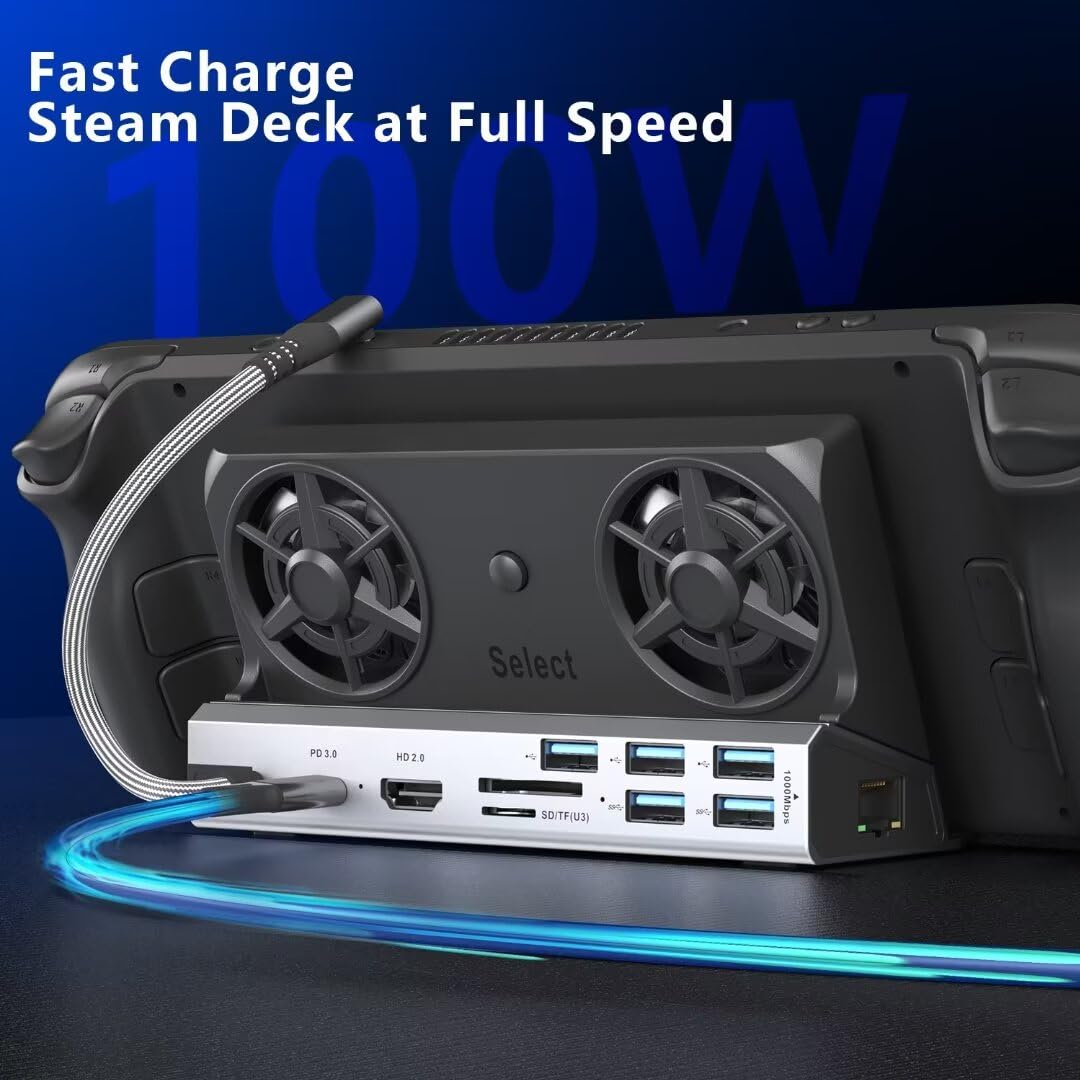 YCE Stacja dokująca 13 w 1 dla Valve Steam Deck/OLED/ROG Ally/Legion go/MSI Claw Typ C z dwoma wentylatorami chłodzącymi, HD2.0/4K@60Hz, 1000M Gigabit Ethernet, SD/TF, 5 USB A, ładowanie PD 100W