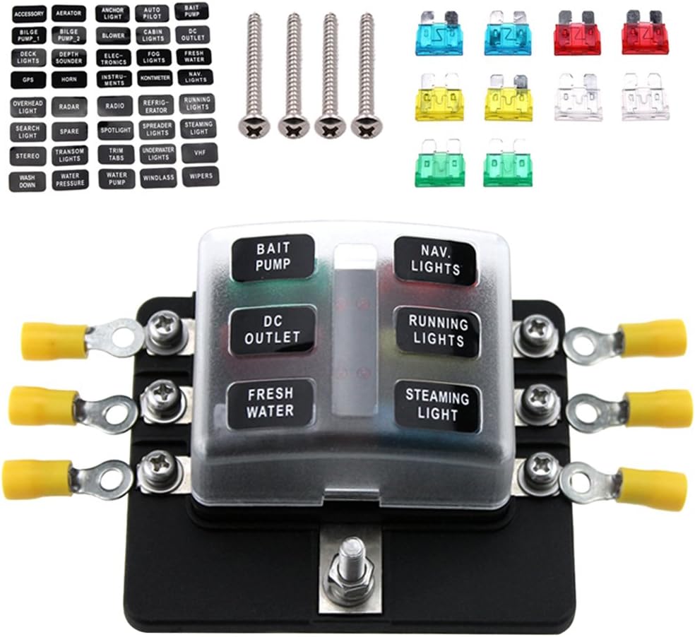 molystore 6 Way Blade Fuse Box Holder Standard Blade Fuse Blocks with LED Indicator 10Pcs Fuses 10Pcs Terminals for Car Boat Marine Caravan 12V 24V