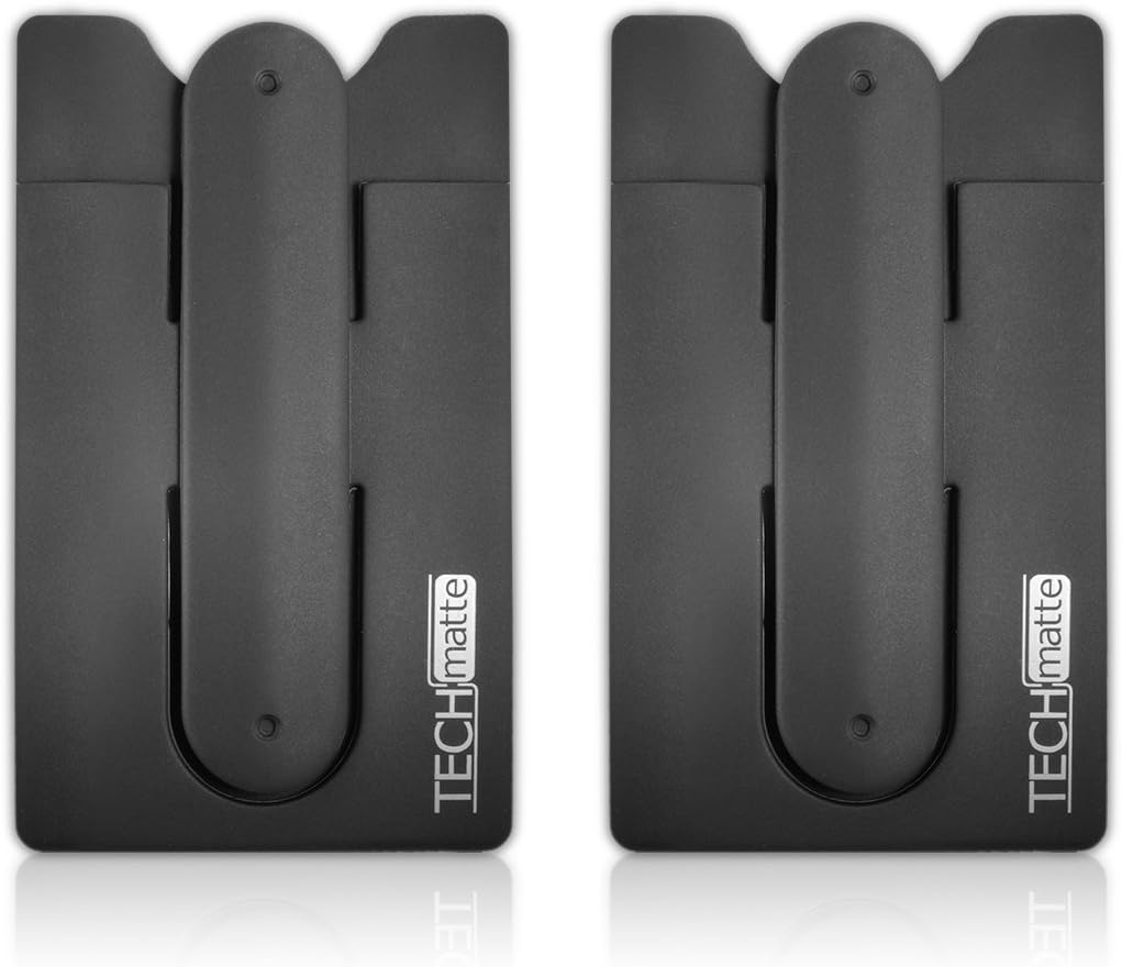 Phone Wallet-Stick On Card Holder and Money Clip | with Built-in Phone Stand (2-Pack, Black)