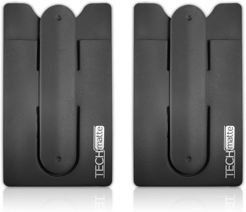 Phone Wallet-Stick On Card Holder and Money Clip | with Built-in Phone Stand (2-Pack, Black)