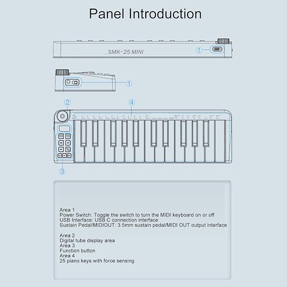 MIDI Keyboard Controller, 25 Sensitive Keys MIDI Keyboard Controller with Portable Design, Wide Connectivity, Versatile Inputs Outputs