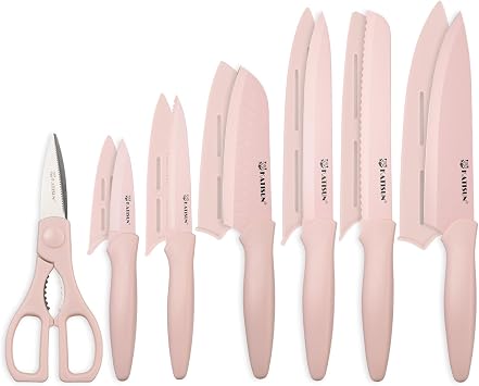 Kitchen Knife Set, 13 PCS Pink Non-Stick Knives with 6 Blade Guards