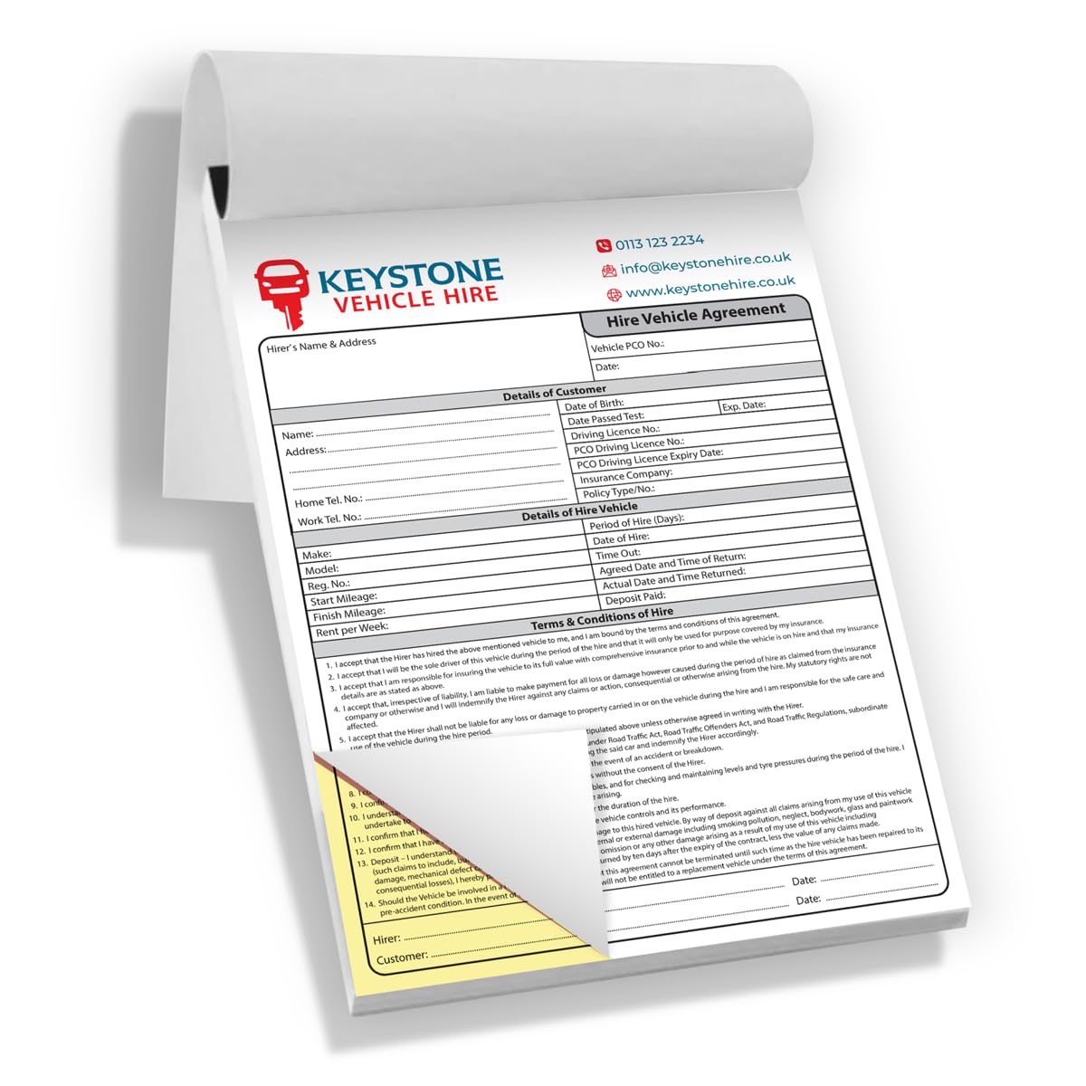 Custom Printed A4 Duplicate Hire Vehicle Agreement, 50 Duplicate Sets, NCR Business Forms, Full Colour Printing