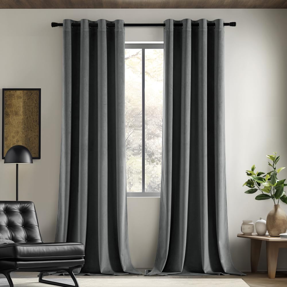 EMEMA Grey Velvet Curtains 90 Inch Length 2 Panels Set, Luxury Room Darkening Curtains for Living Room Bedroom, Grommet Thermal Insulated Home Decoration Window Drapes, W52 x L90