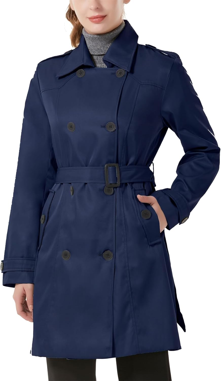 KVE Classic Women's Trench Coat, Mid-Length Belted Windproof Double Breasted Overcoat Jacket - Image 6