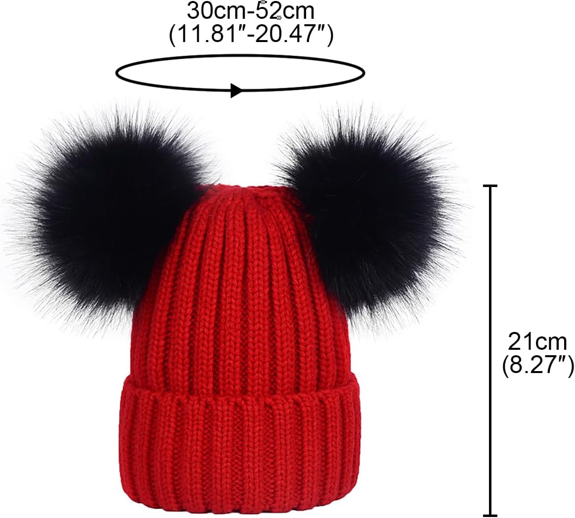 Unisex Double Pom-Pom Fleece Knit Hat, Versatile Winter Faux Fur Ball Beanies for Kids & Adults - Warm Cozy Stylish