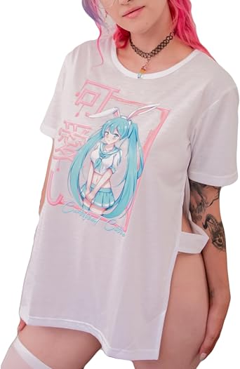 Bunnygirl Shirt with Side Splits & Anime Neko Girl Graphic Print for Cosplay and Casual Wear