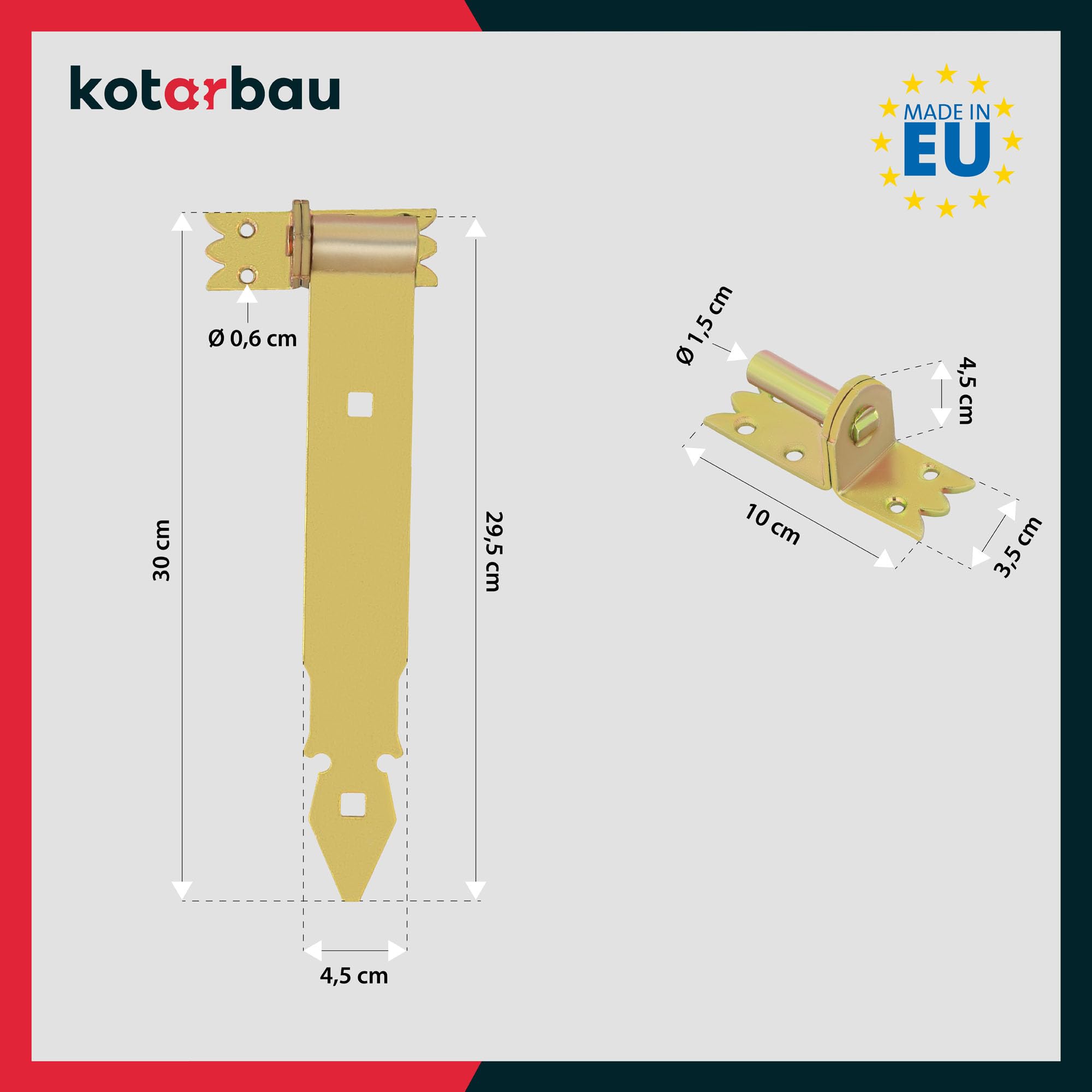 KOTARBAU® Lot de 2 charnières de portail avec gonds - 300 mm - Ferrure de porte - En acier inoxydable - Galvanisé - Jaune