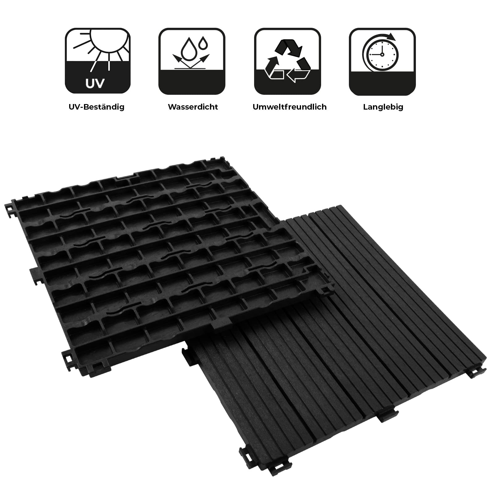 Floordirekt Fliesen 30x30 cm, 2m² = 22 Terrassenfliesen, Klickfliesen, Balkonfliesen in Holzoptik - Bodenbelag für Balkon & Terrasse - wetterfest mit Drainagefunktion | Grau | Claire