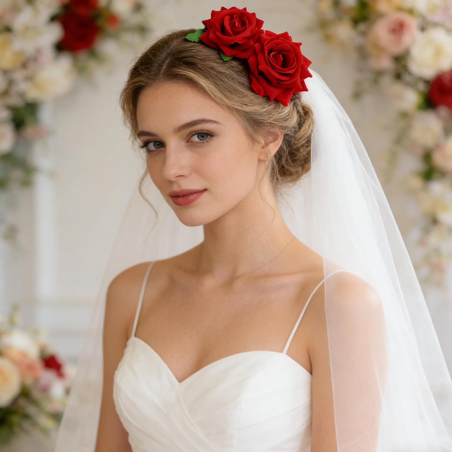 2 Pcs Rose Hair Clip, 3D Red Roses Flower Combs Headwear Accessories Floral Brooches Headpieces Supplies Bohemia Costume Hairpin for Girls Women Party Wedding Anniversar Bride Dancer Costume image 4