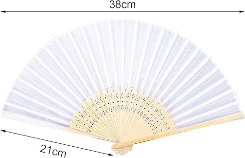Miniatura 2 de 2 ventiladores plegables blancos, abanicos de mano para mujeres, abanicos plegables de bambú, ventilador plegable de mano de tela de seda,
