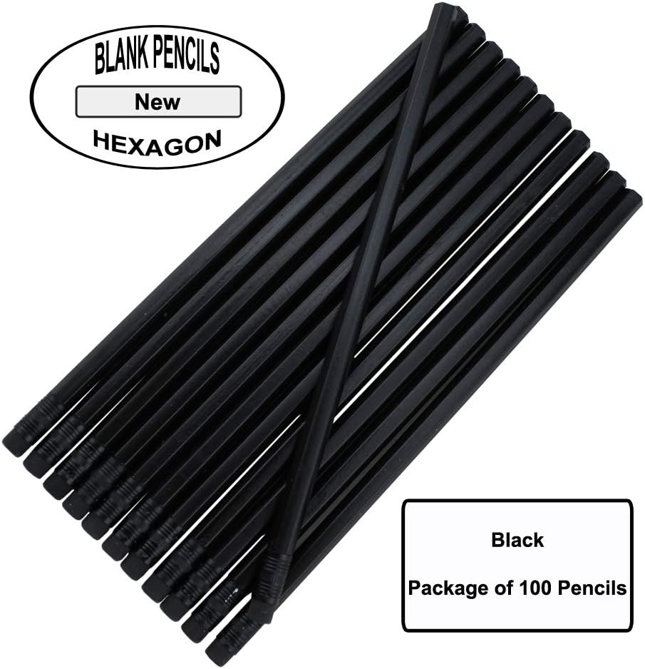 EZPENCILS & GIFTS Blank Pencils Bulk – Hexagon Pencils – Black Barrel and Eraser – Package of 100 - Non-Personalized - 2HB Black Lead - School - Office - Blanks - Non-smear eraser