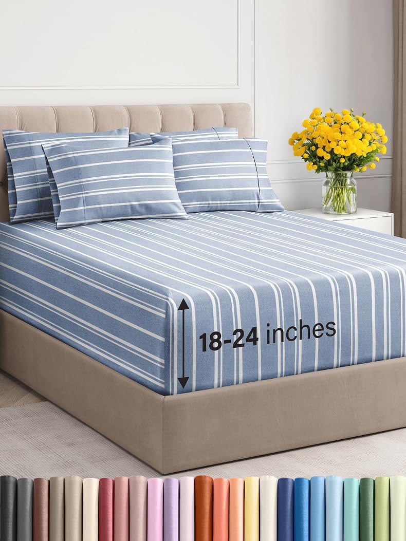 Extra Deep Full Sheet Set - 6 Piece Breathable and Cooling Sheets - Hotel Luxury Bed Sheets Set - Easy Fit - Soft, Wrinkle Free and Comfy Sheets Set - Blue Striped Sheet Set with Extra Deep Pockets