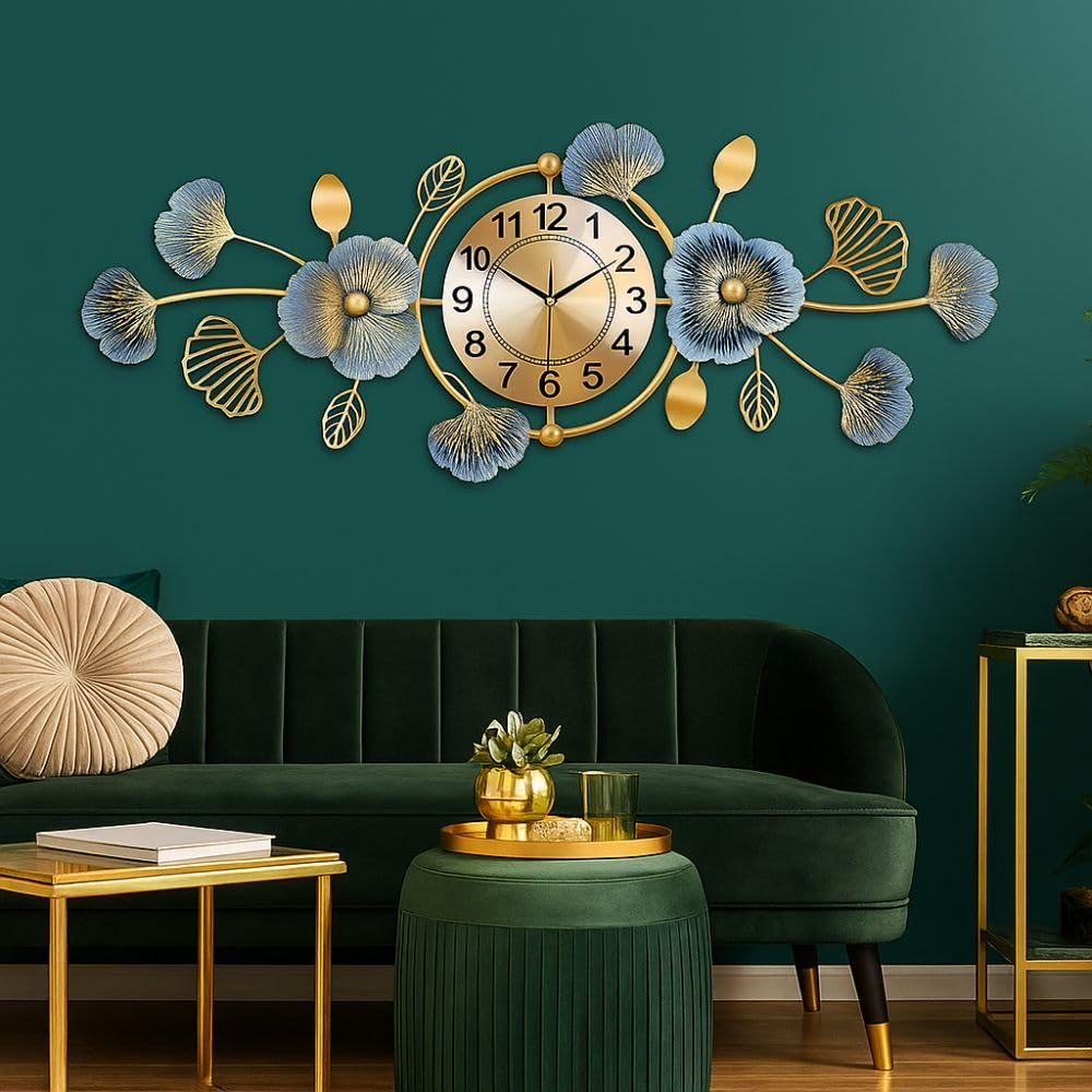 Iron Modern Wall Clock Metal Floral Leaf Design – Big Multicolor Decorative Clock for Living Room, Bedroom & Dining Room Decor (Size 40x24 Inch)-image-2