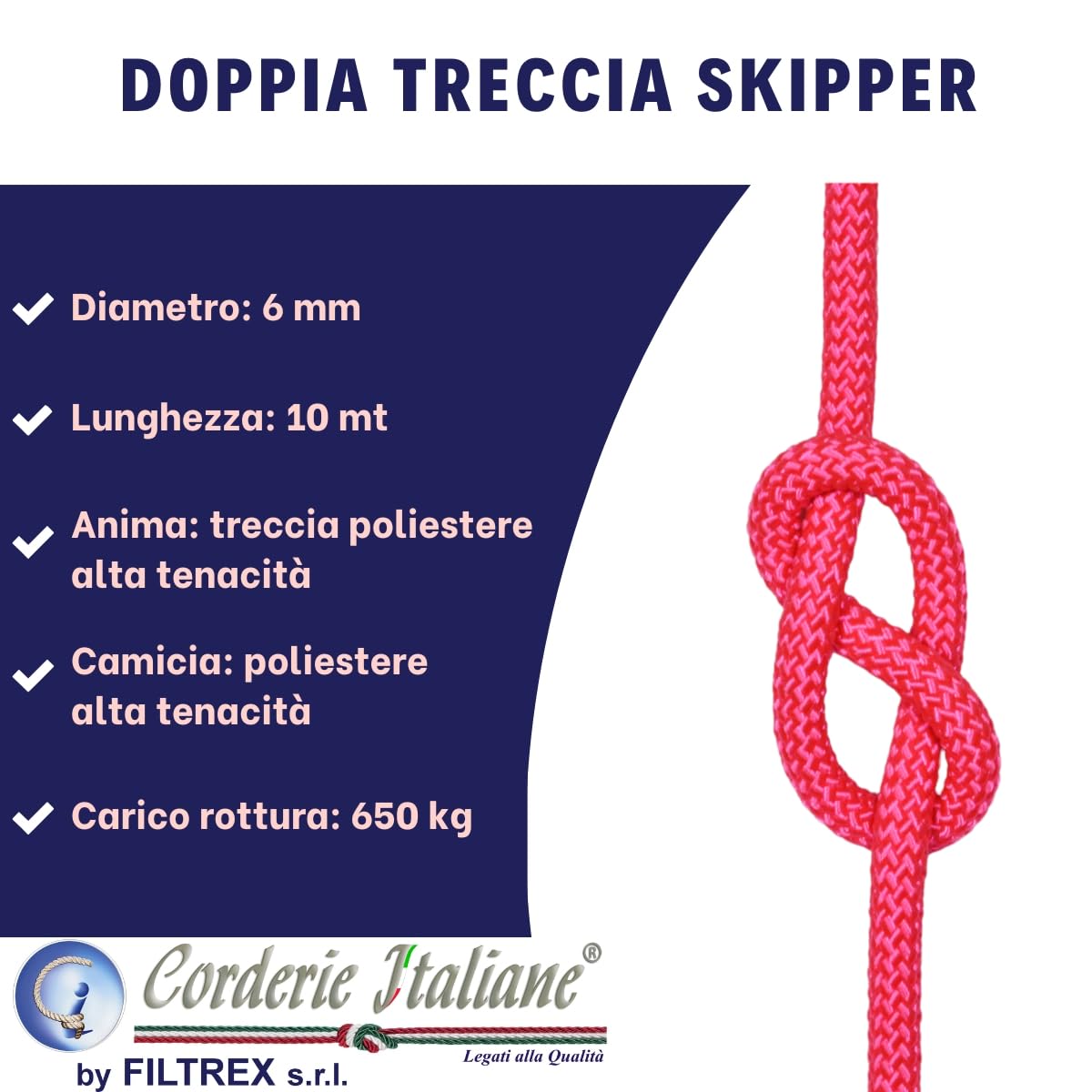 Corderie Italiane 006103196 Doppia treccia skipper alta tenacità, rosa flu, 6 mm - 10 metri