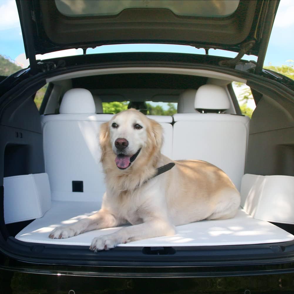 Fit Juniper Model Y Tesbeauty Cargo Liner for Tesla Model Y 5 Seater Trunk Mats, All-Weather, Vegan Leather on top/Soft Velcro at Bottom/Memory Foam in Between Materials, Anti-Scratch, Non-Slip White