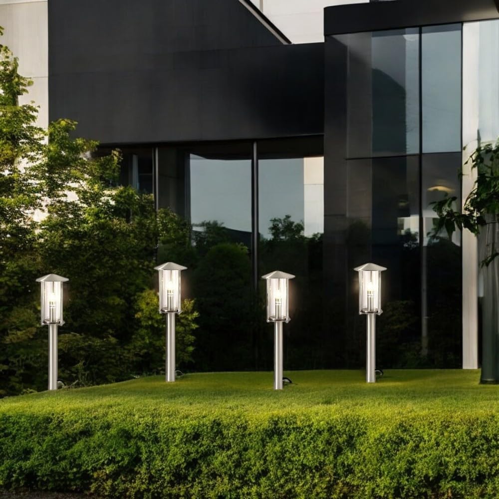 Dapo® 4x Hochwertige Edelstahl-LED-Außen-Gartenlaterne-Wege-Leuchte-Lampe VICO 4 mit Erdspieß IP44 inkl. Leuchtmittel G4 4 x 1,5W (A+)