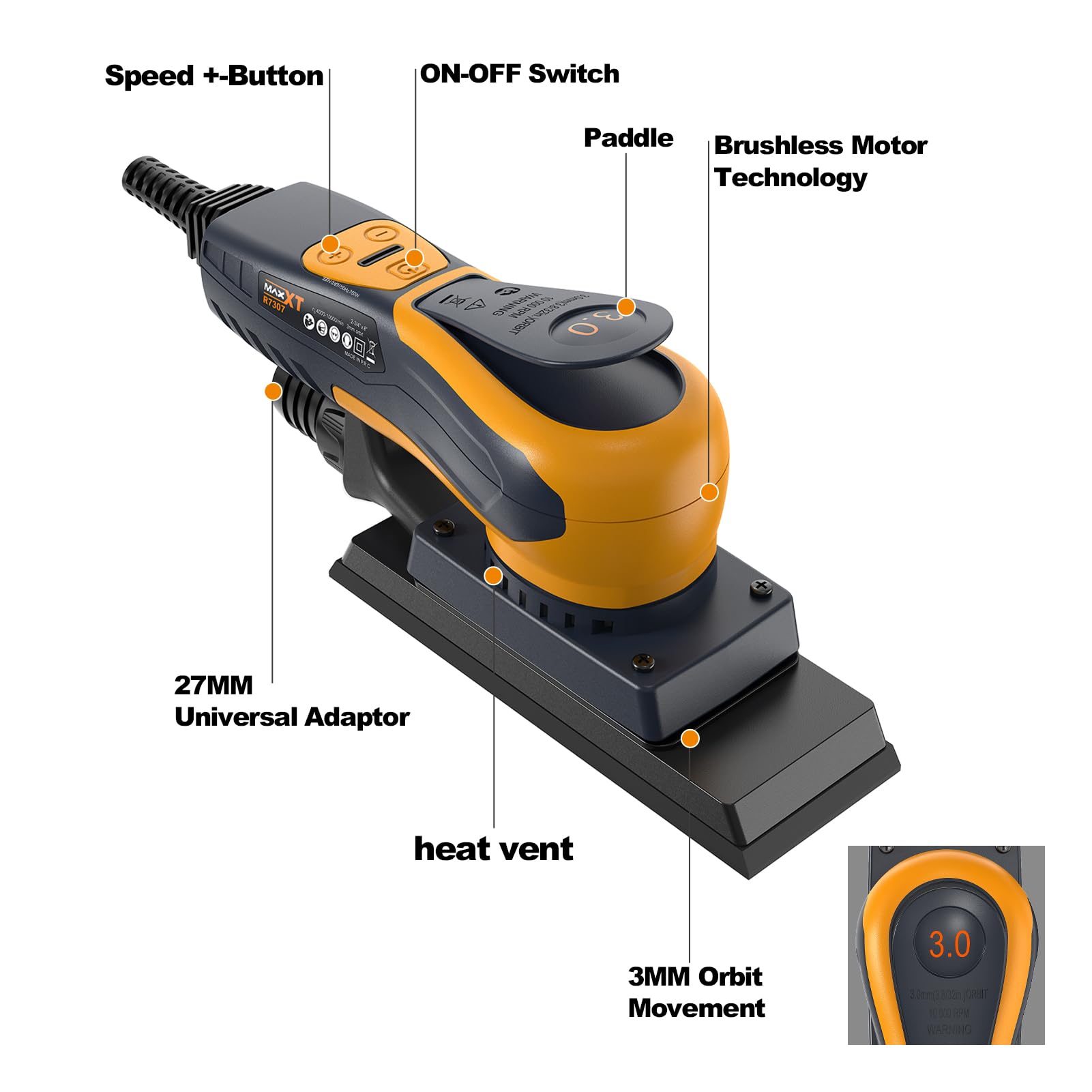 MAXXT Smerigliatrice elettrica senza spazzole 3.0 350W, velocità regolabile 4000-10000/Umin, freno automatico 2s, aspirazione automatica della polvere, superficie abrasiva 198x70mm, 10 fogli abrasivi