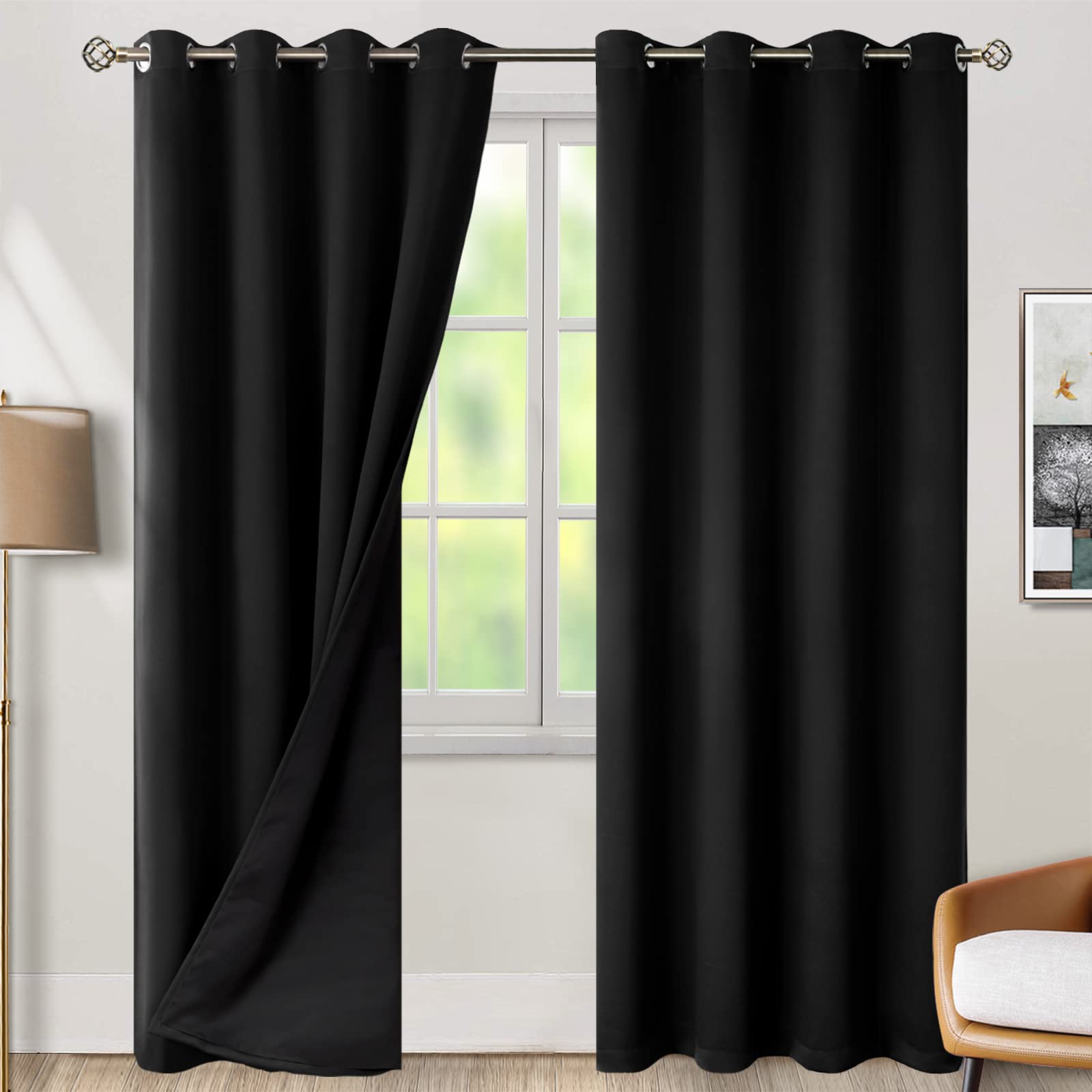BGment Thermal Insulated 100% Blackout Curtains for Bedroom with Black Liner, Double Layer Full Room Darkening Noise Reducing Grommet Curtain (46 x 90 Inch, Black, 2 Panels)