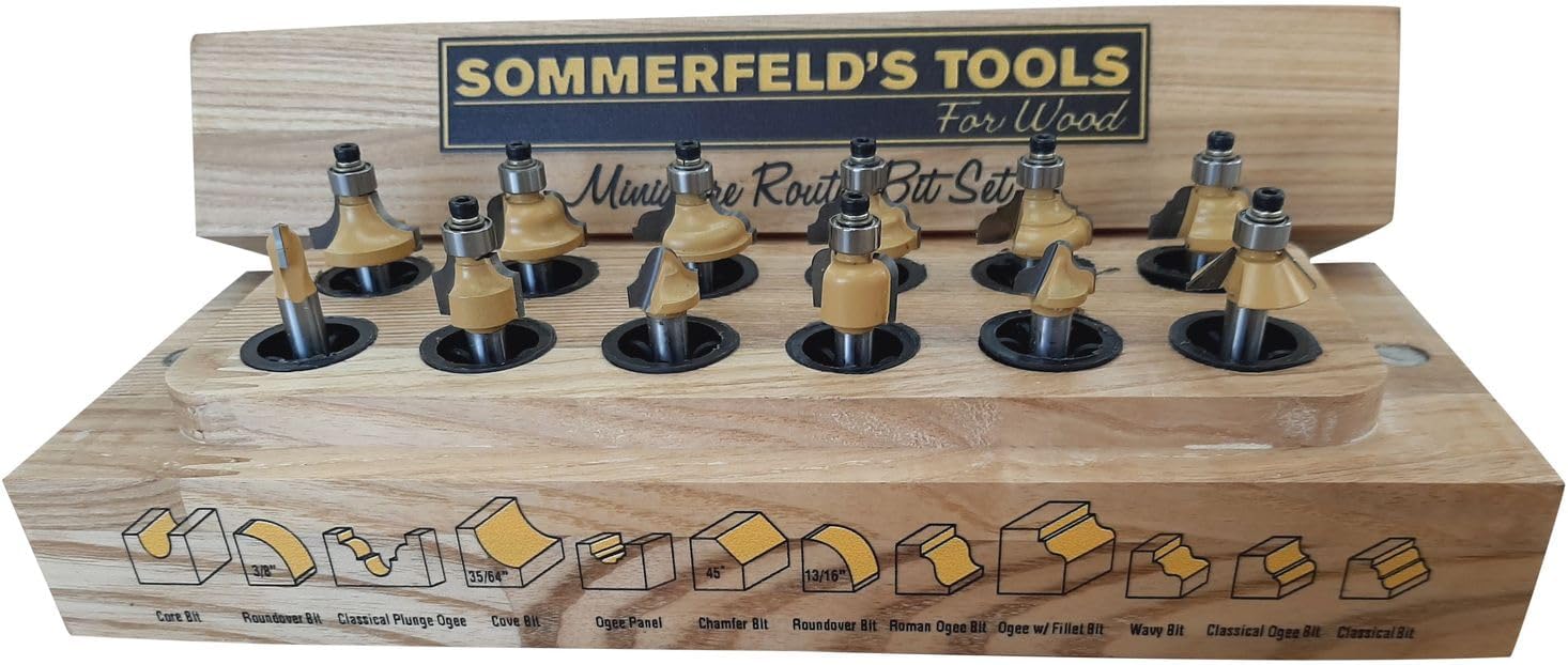 Sommerfeld's Tools For Wood 12001 12 Piece Miniature Woodworking Router bit Set 1/4 inch Shank Ideal Small Gift Boxes, Miniature Furniture Jewelry Boxes Doll House Furniture