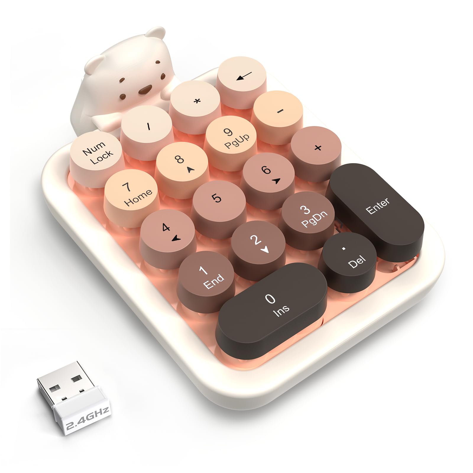 Ajazz AF18 Wireless Numeric Keypad, 2.4G USB Wireless Connection, Ergonomic 18-Key Compact Silicone Bear Design, Gradient Keycaps, Detachable & Portable Number Pad for PC, Laptop Milk Tea-image-41