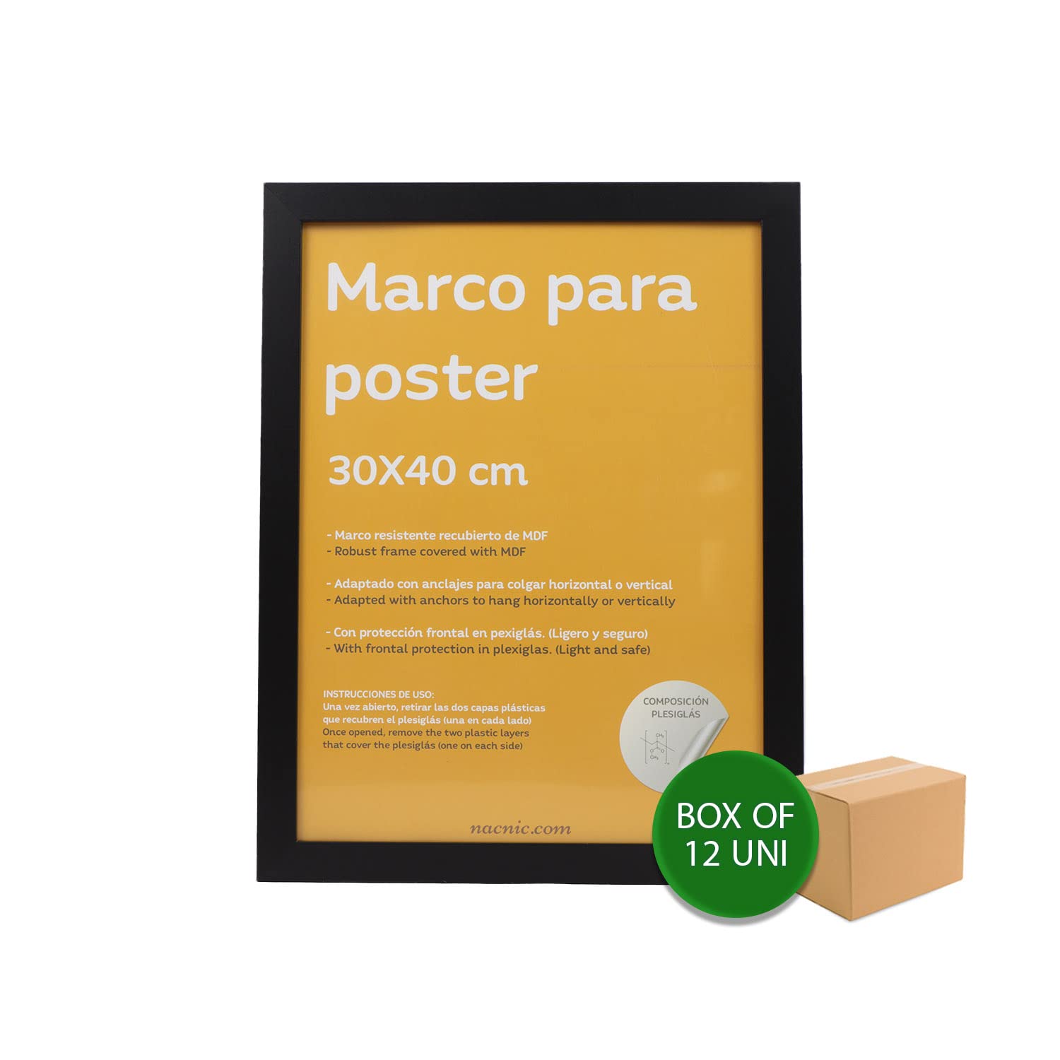 Nacnic - Pack 12 Marcos de Madera MDF Negro y Vidrio Acrílico | Protección y Expositor de Fotografías, Láminas, Pósters, Cuadros y Decoración para Salón, Dormitorio u Oficina | 30x40 cm