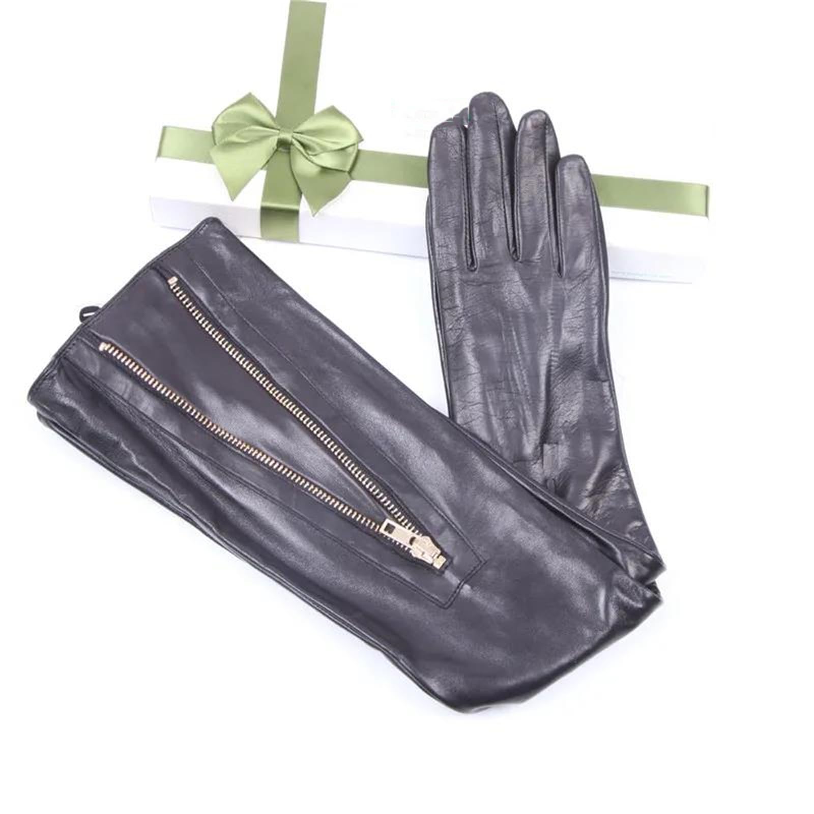 Guantes largos de piel de oveja auténtica para mujer, con cremallera de metal, forro de nailon, para fiesta de noche, baile, conducción