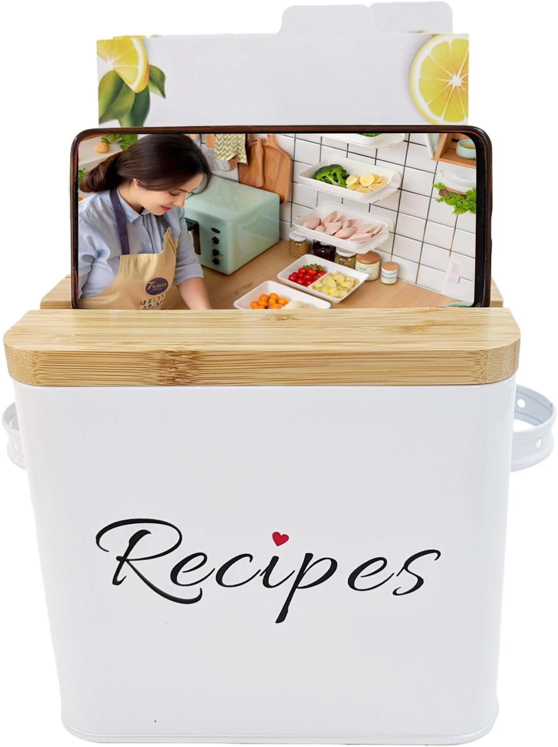 Recipe Box 4x6 Set with Stylish & Durable Metal Box, Bamboo Lid, 50 Recipe Cards & 10 Dividers - Perfect Kitchen Organizer and Gift