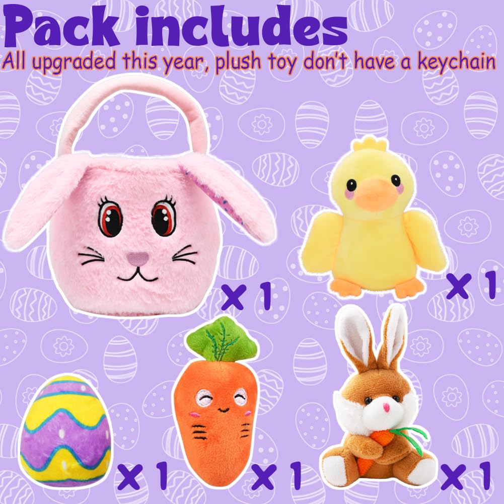 Fluffy Easter Bunny Basket Set, Easter Basket Playset with Stuffed Plush Bunny Duck Egg Carrot for Baby Kids Easter Party Decorations Supplies Easter Basket Fillers