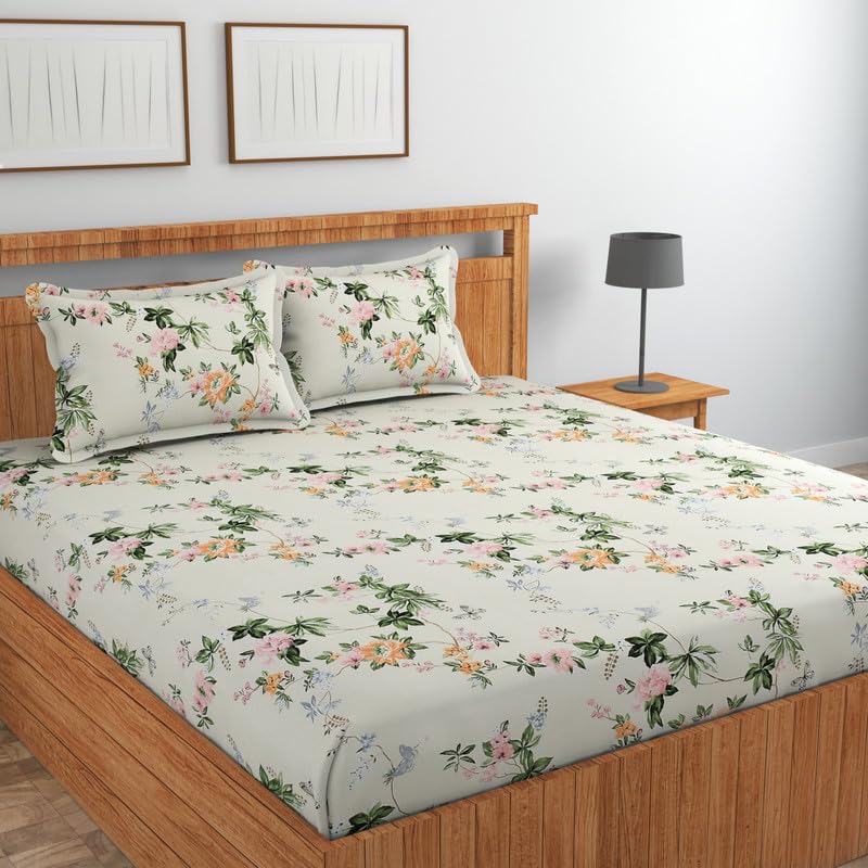 Image of NEW LEAF Cotton Fitted King Size Bedsheets with 2 Pillow Covers | Elastic Fitted | Wrinklefree | Ultrasoft |Winter Bedsheet 220 tc tc Floral | 710x72+10 Inches, White Brown