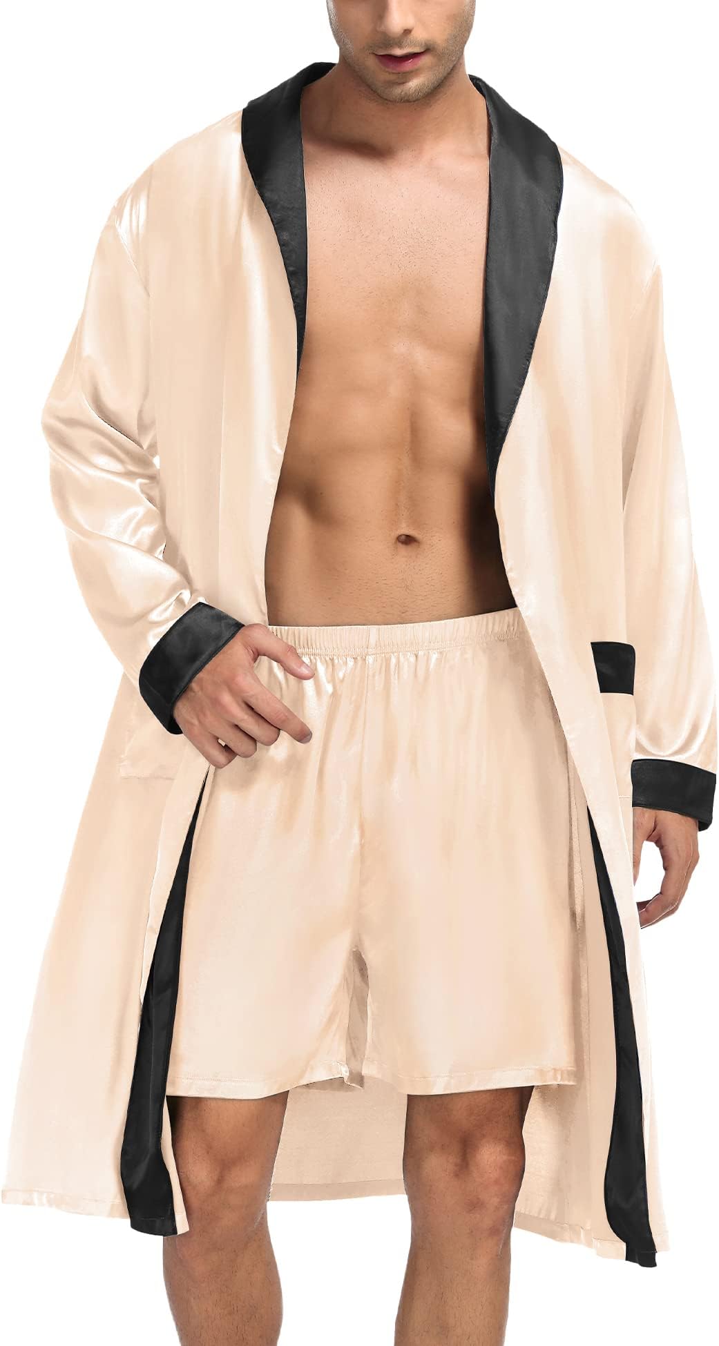 SWOMOG Men's Satin Robe with Shorts Set Silky Kimono Bathrobe Lightweight Soft Sleepwear