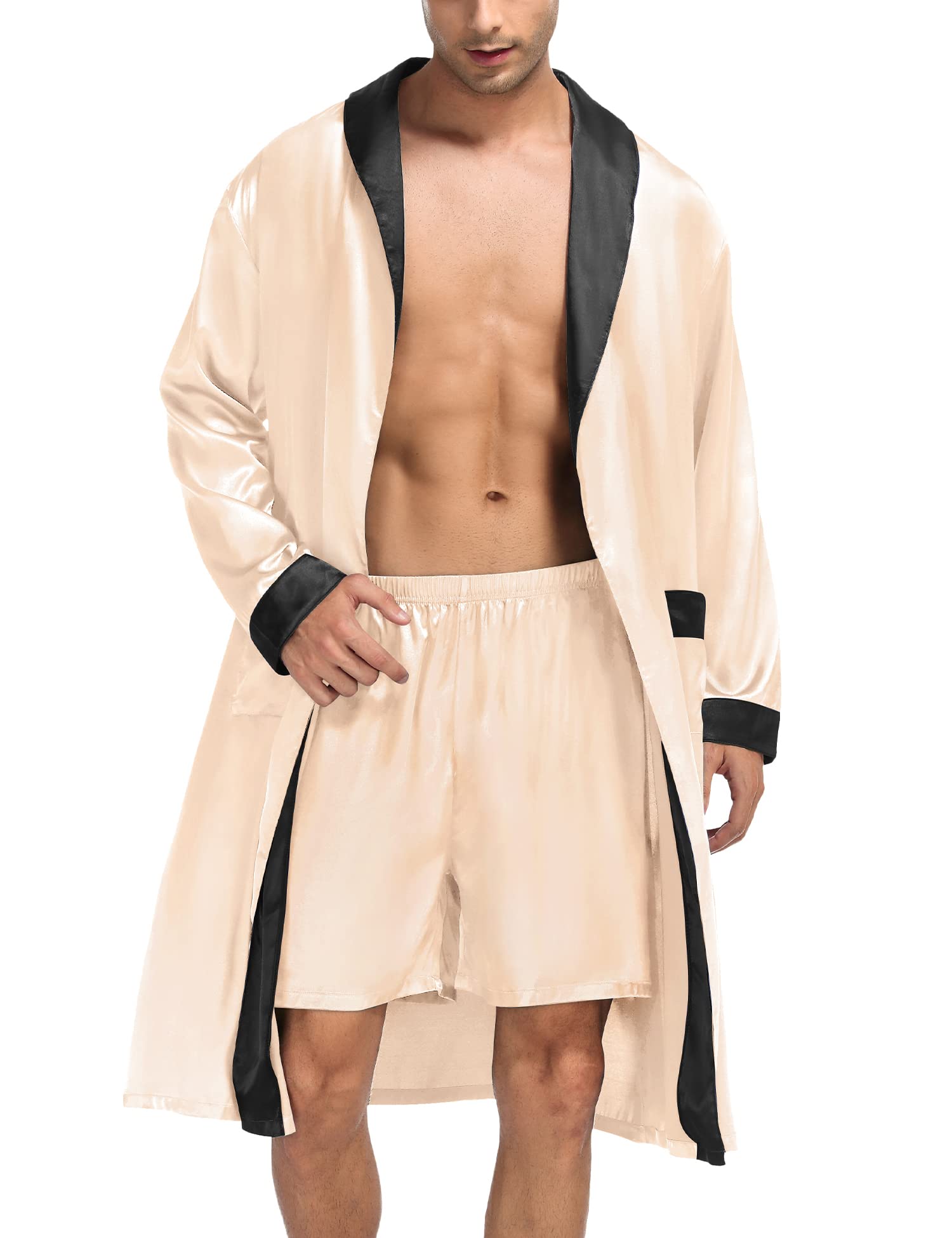 SWOMOG Men's Satin Robe with Shorts Set Silky Kimono Bathrobe Lightweight Soft Sleepwear