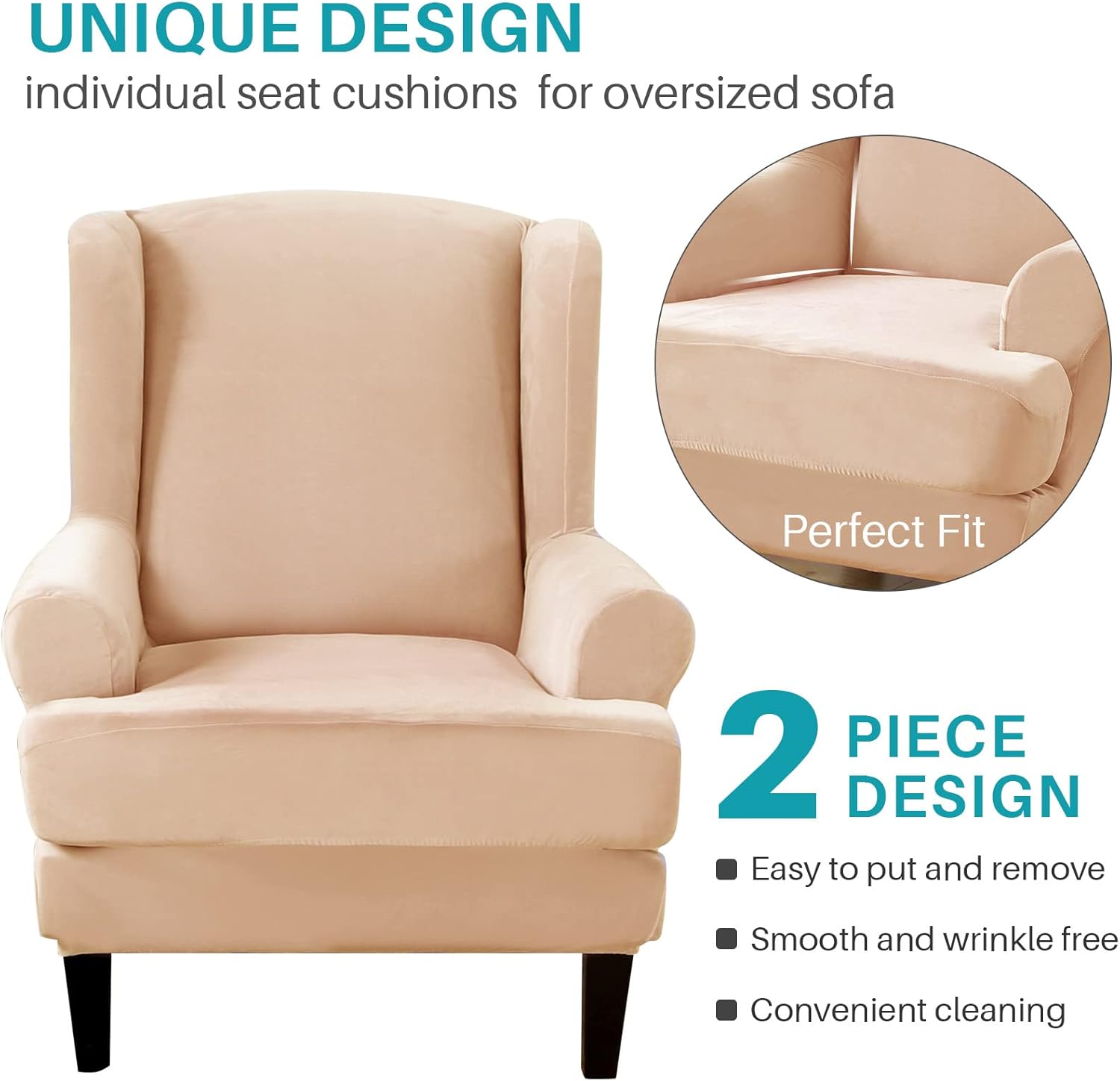 MIFXIN Wingback Chair Slipcovers 2-Piece Velvet Stretch Fabric Wing Chair Cover with Cushion Cover Armchair Sofa Furniture Protector with Elastic Bottom for Living Room Home Decor (Beige)