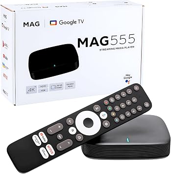 مشغل الوسائط Raxxio MAG555 4K Streaming من Google TV OS، شبكة Wi-Fi ثنائية النطاق، HDR 4K، جهاز تحكم عن بعد صوتي فقط