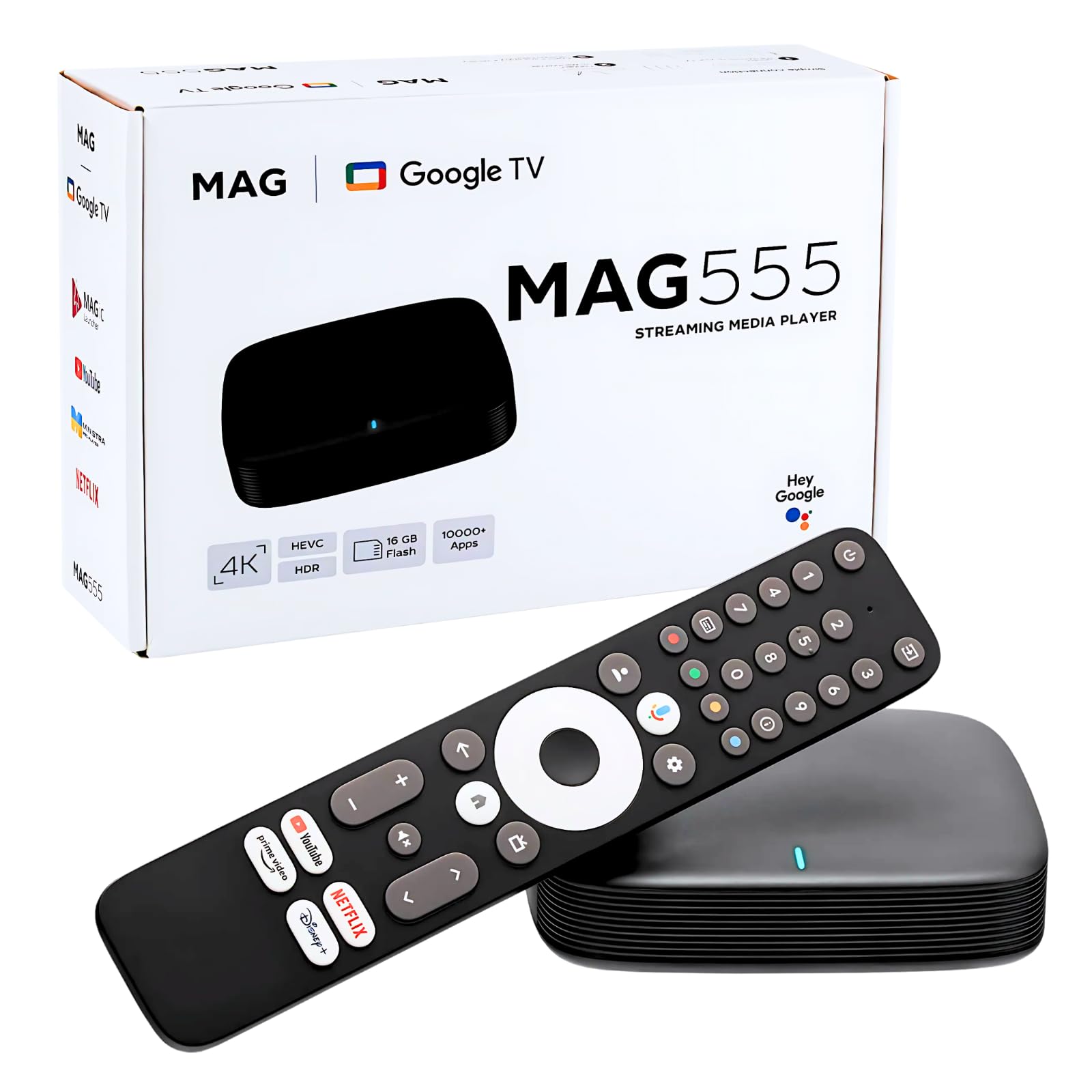 Raxxio MAG555 Google TV Box – 4K HDR Android TV Media Player with Google TV OS, Dual-Band Wi-Fi, Bluetooth 5.0, and Voice Remote with Google Assistant